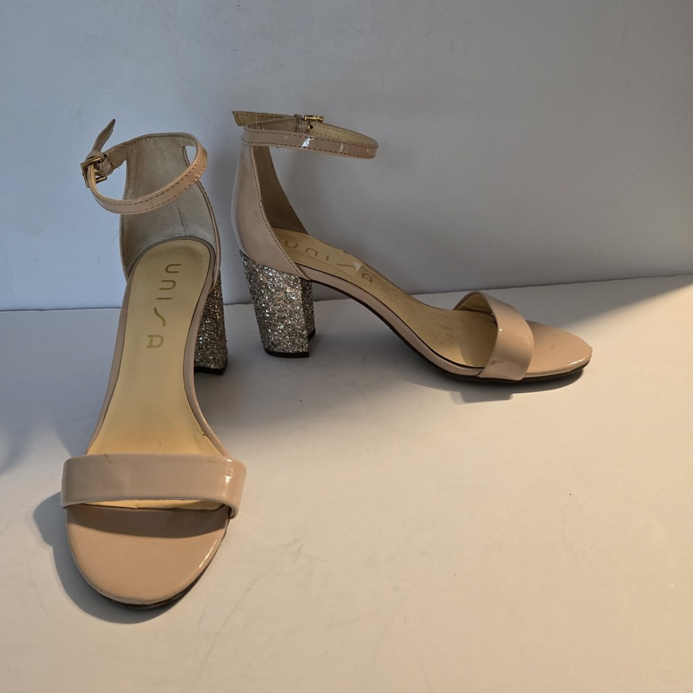 UNISA Beige Block Sparkle Heels Ankle‎ Buckle Sandals Womens Size 8